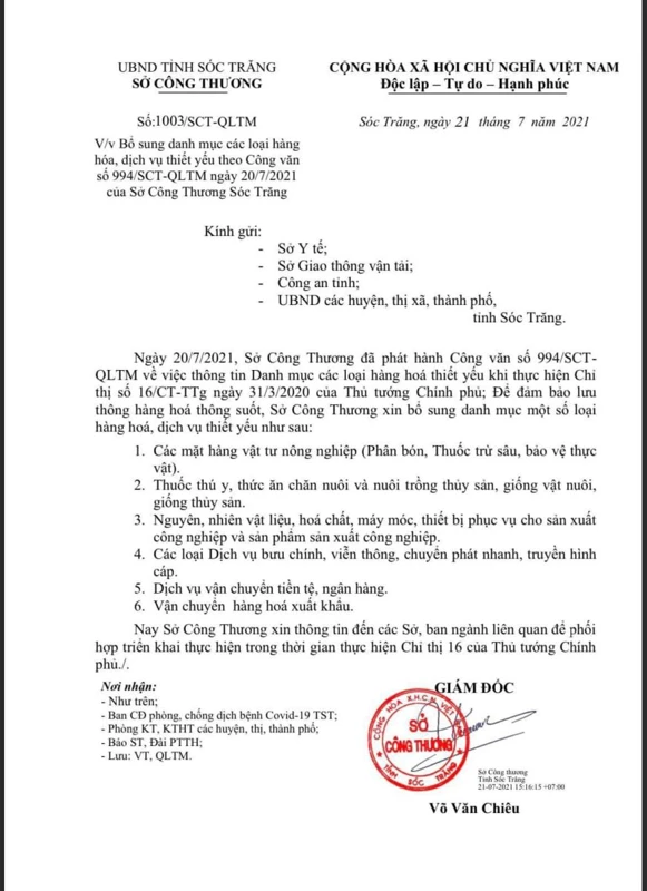 Sóc Trăng - CV bổ sung danh mục hàng hóa thiết yếu