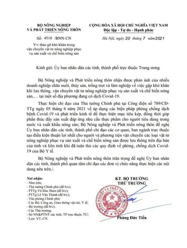 Bộ NN&PTNT - CV Tháo gỡ khó khăn trong vận chuyển vật tư nông nghiệp 