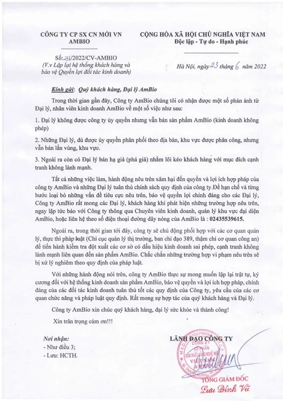 CÔNG VĂN VỀ VIỆC LẬP LẠI HỆ THỐNG KHÁCH HÀNG VÀ BẢO VỆ QUYỀN LỢI ĐỐI TÁC KINH DOANH AMBIO
